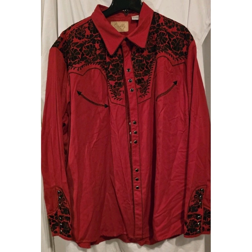 Scully Western Red Snap Button Shirt Mens 2XL ,w/Black Embroidery Rodeo